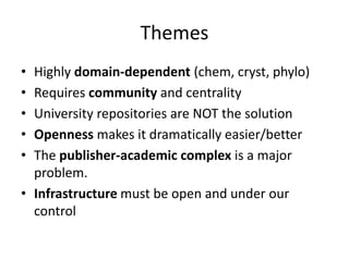 Themes
• Highly domain-dependent (chem, cryst, phylo)
• Requires community and centrality
• University repositories are NO...