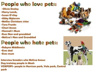 People who love pets:
 -Olivia Dooley
-Harry Lamb,
-Susan O’riley
-Abby Mglasson
-Mollies Christians sister
-Tara Franks
-Charl Anson
-Hannah’s Mum
-Eves Nan and granddad
-Melissa’s Nan and Granddad

People who hate pets:
-Robynn Middlemiss
-Eves dad
-Eves mum

Interview breeders who Melissa knows
Dog training people in Meols
VOXPOPS- people in Harrison park, Vale park, Central
park
 