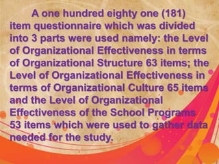 A one hundred eighty one (181) 
item questionnaire which was divided 
into 3 parts were used namely: the Level 
of Organizational Effectiveness in terms 
of Organizational Structure 63 items; the 
Level of Organizational Effectiveness in 
terms of Organizational Culture 65 items 
and the Level of Organizational 
Effectiveness of the School Programs 
53 items which were used to gather data 
needed for the study. 
 