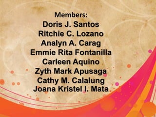 Members: 
Doris J. Santos 
Ritchie C. Lozano 
Analyn A. Carag 
Emmie Rita Fontanilla 
Carleen Aquino 
Zyth Mark Apusaga 
Cathy M. Calalung 
Joana Kristel I. Mata 
 