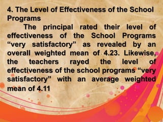 4. The Level of Effectiveness of the School 
Programs 
The principal rated their level of 
effectiveness of the School Programs 
“very satisfactory” as revealed by an 
overall weighted mean of 4.23. Likewise, 
the teachers rayed the level of 
effectiveness of the school programs “very 
satisfactory” with an average weighted 
mean of 4.11 
 