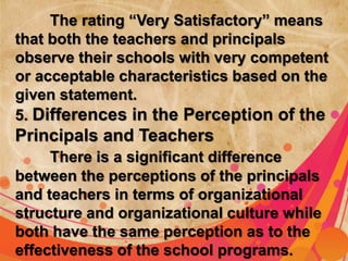 The rating “Very Satisfactory” means 
that both the teachers and principals 
observe their schools with very competent 
or acceptable characteristics based on the 
given statement. 
5. Differences in the Perception of the 
Principals and Teachers 
There is a significant difference 
between the perceptions of the principals 
and teachers in terms of organizational 
structure and organizational culture while 
both have the same perception as to the 
effectiveness of the school programs. 
 