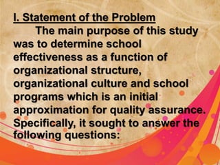 I. Statement of the Problem 
The main purpose of this study 
was to determine school 
effectiveness as a function of 
organizational structure, 
organizational culture and school 
programs which is an initial 
approximation for quality assurance. 
Specifically, it sought to answer the 
following questions: 
 