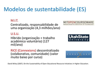 Modelos de sustentabilidade (ES)
    M.I.T.
    Centralizado, responsabilidade de
    uma organização (4,3 milhões/ano)
  ...