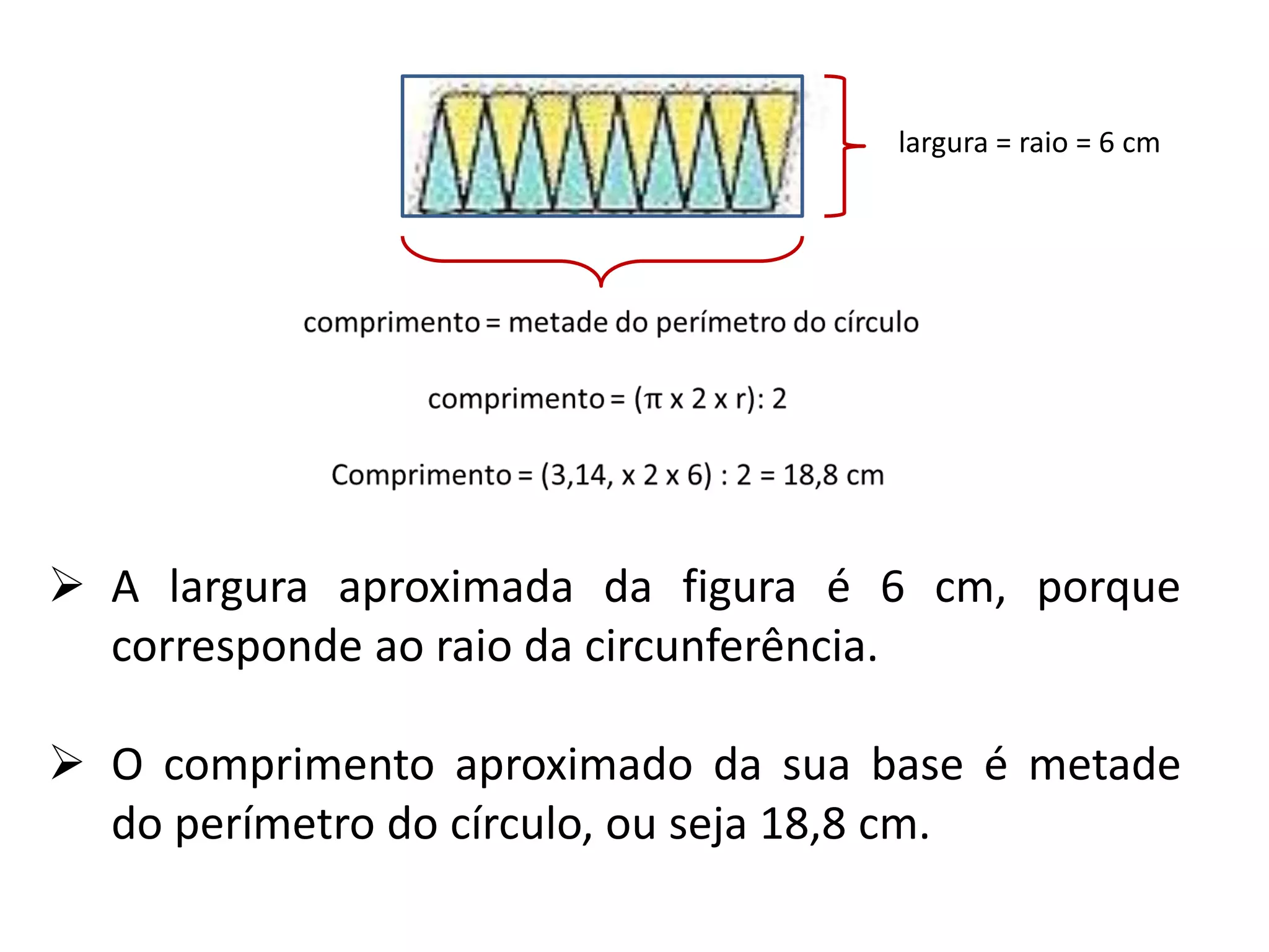 largura = raio = 6 cm




 A largura aproximada da figura é 6 cm, porque
  corresponde ao raio da circunferência.

 O comprimento aproximado da sua base é metade
  do perímetro do círculo, ou seja 18,8 cm.
 