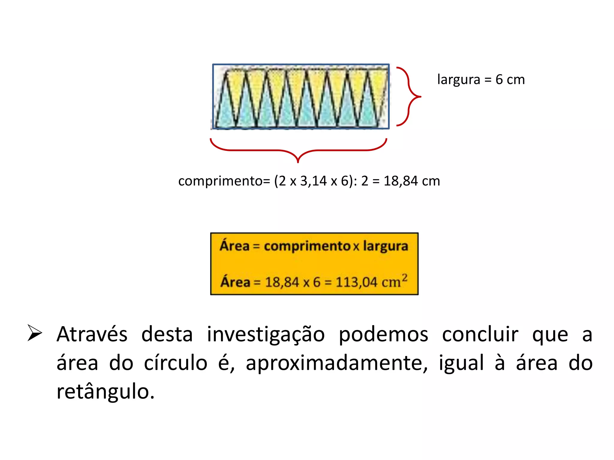 largura = 6 cm




              comprimento= (2 x 3,14 x 6): 2 = 18,84 cm




 Através desta investigação podemos concluir que a
  área do círculo é, aproximadamente, igual à área do
  retângulo.
 