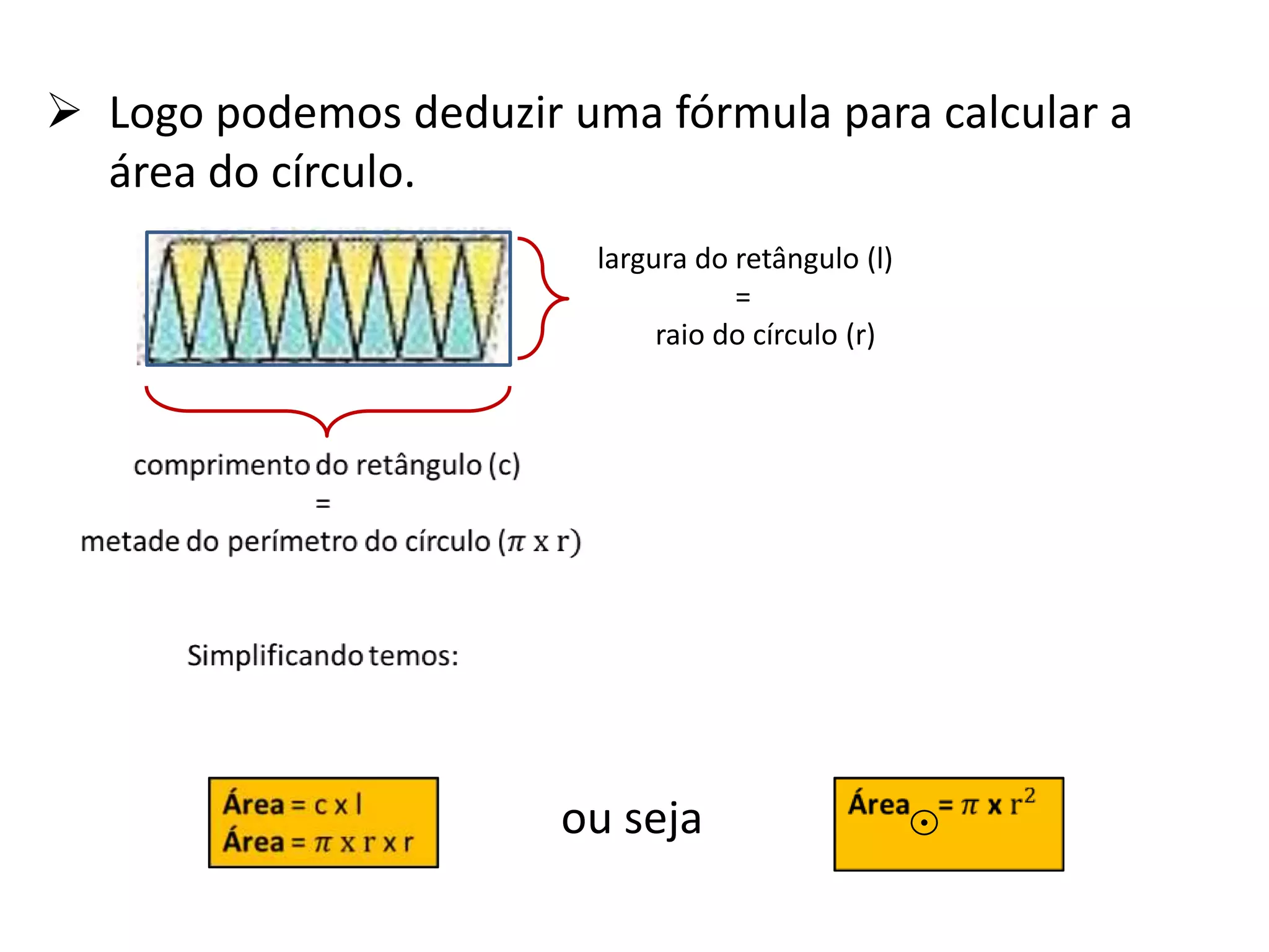 Logo podemos deduzir uma fórmula para calcular a
  área do círculo.
                         largura do retângulo (l)
                                    =
                              raio do círculo (r)




                       ou seja
 