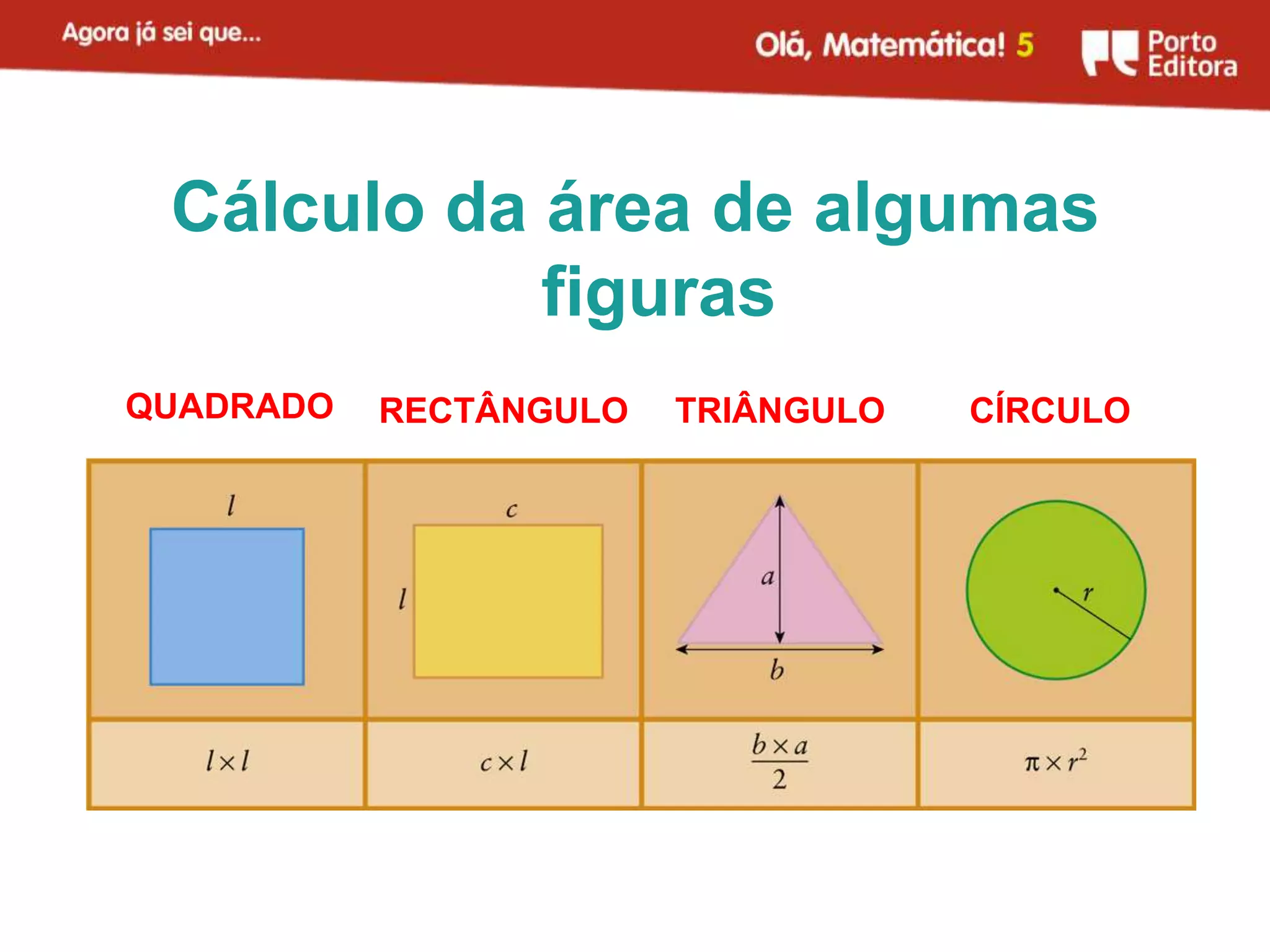 Cálculo da área de algumas
            figuras
QUADRADO   RECTÂNGULO   TRIÂNGULO   CÍRCULO
 
