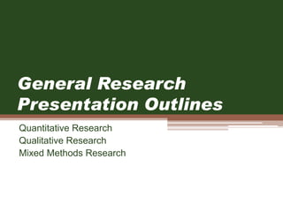 General Research
Presentation Outlines
Quantitative Research
Qualitative Research
Mixed Methods Research
 