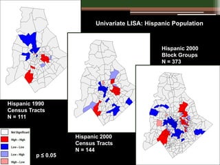 Hispanic 1990
Census Tracts
N = 111
Hispanic 2000
Census Tracts
N = 144
Hispanic 2000
Block Groups
N = 373
p ≤ 0.05
Univariate LISA: Hispanic Population
 