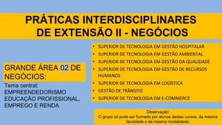 PRÁTICAS INTERDISCIPLINARES
DE EXTENSÃO II - NEGÓCIOS
• SUPERIOR DE TECNOLOGIA EM GESTÃO HOSPITALAR
• SUPERIOR DE TECNOLOGIA EM GESTÃO AMBIENTAL
• SUPERIOR DE TECNOLOGIA EM GESTÃO DA QUALIDADE
• SUPERIOR DE TECNOLOGIA EM GESTÃO DE RECURSOS
HUMANOS
• SUPERIOR DE TECNOLOGIA EM LOGÍSTICA
• GESTÃO DE TRÂNSITO
• SUPERIOR DE TECNOLOGIA EM E-COMMERCE
GRANDE ÁREA 02 DE
NEGÓCIOS:
Tema central:
EMPREENDEDORISMO
EDUCAÇÃO PROFISSIONAL,
EMPREGO E RENDA
Observação:
O grupo só pode ser formado por alunos destes cursos, da mesma
faculdade e da mesma modalidade.
 