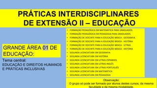 PRÁTICAS INTERDISCIPLINARES
DE EXTENSÃO II – EDUCAÇÃO
GRANDE ÁREA 01 DE
EDUCAÇÃO:
Tema central:
EDUCAÇÃO E DIREITOS HUMANOS
E PRÁTICAS INCLUSIVAS
• FORMAÇÃO PEDAGÓGICA EM MATEMÁTICA PARA GRADUADOS
• FORMAÇÃO PEDAGÓGICA EM PEDAGOGIA PARA GRADUADOS
• FORMAÇÃO DE DOCENTE PARA A EDUCAÇÃO BÁSICA - GEOGRAFIA
• FORMAÇÃO DE DOCENTE PARA A EDUCAÇÃO BÁSICA - HISTÓRIA
• FORMAÇÃO DE DOCENTE PARA A EDUCAÇÃO BÁSICA - LETRAS
• FORMAÇÃO DE DOCENTE PARA A EDUCAÇÃO BÁSICA - HISTÓRIA
• SEGUNDA LICENCIATURA EM GEOGRAFIA
• SEGUNDA LICENCIATURA EM HISTÓRIA
• SEGUNDA LICENCIATURA EM LETRAS-ESPANHOL
• SEGUNDA LICENCIATURA EM LETRAS-INGLÊS
• SEGUNDA LICENCIATURA EM LETRAS-PORTUGUÊS
• SEGUNDA LICENCIATURA EM MATEMÁTICA
• SEGUNDA LICENCIATURA EM PEDAGOGIA
Observação:
O grupo só pode ser formado por alunos destes cursos, da mesma
faculdade e da mesma modalidade.
 