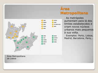Área
                     Metropolitana
                      - As metrópoles
                      aumentam para lá dos
                      limites estabelecidos e
                      criam novos núcleos
                      urbanos mais pequenos
                      à sua volta.
                      - Exemplos: Porto, Lisboa,
                      Madrid, Barcelona, Paris,…




Área Metropolitana
de Lisboa
 