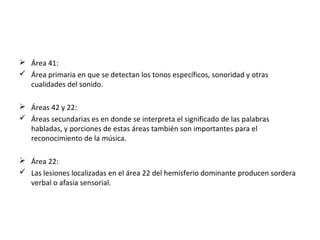  Área 41:
 Área primaria en que se detectan los tonos específicos, sonoridad y otras
cualidades del sonido.
 Áreas 42 y 22:
 Áreas secundarias es en donde se interpreta el significado de las palabras
habladas, y porciones de estas áreas también son importantes para el
reconocimiento de la música.
 Área 22:
 Las lesiones localizadas en el área 22 del hemisferio dominante producen sordera
verbal o afasia sensorial.
 