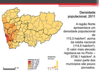 Densidade
populacional, 2011
A região Norte
apresentava um
densidade populacional
de
173,3 hab/km², acima
da média nacional
(114,5 hab/km²).
O valor mais elevado
registava-se no Porto –
5736,1 hab/km². A
maior parte dos
municípios são pouco
povoados.

 