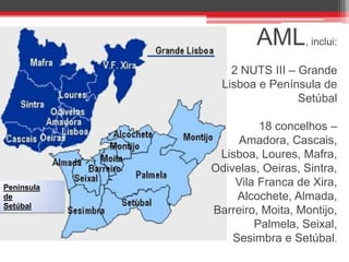 AML, inclui:
2 NUTS III – Grande
Lisboa e Península de
Setúbal

Península
de
Setúbal

18 concelhos –
Amadora, Cascais,
Lisboa, Loures, Mafra,
Odivelas, Oeiras, Sintra,
Vila Franca de Xira,
Alcochete, Almada,
Barreiro, Moita, Montijo,
Palmela, Seixal,
Sesimbra e Setúbal.

 