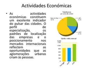 Actividades Económicas
• As             actividades
  económicas constituem
  um excelente indicador
  do pulsar das cidades. O
  perfil                  de
  especialização,         os
  padrões de localização
  das empresas e o
  posicionamento         nos
  mercados internacionais
  reflectem               as
  oportunidades que as
  aglomerações      urbanas
  criam às pessoas.
 