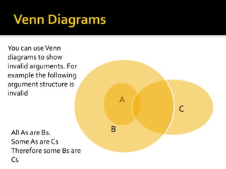 Venn DiagramsYou can use Venn diagrams to show invalid arguments. For example the following argument structure is invalidAll As are Bs.Some As are CsTherefore some Bs are Cs