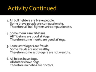 Activity Continued3. All bull fighters are brave people.	Some brave people are compassionate.	Therefore all bull fighters are compassionate.4. Some monks are Tibetans.	All Tibetans are good at Yoga.		Therefore some monks are good at Yoga.5. Some astrologers are frauds.	Some frauds are not wealthy.	Therefore some astrologers are not wealthy.6. All hobos have dogs.	All doctors have dogs.	Therefore no hobos are doctors
