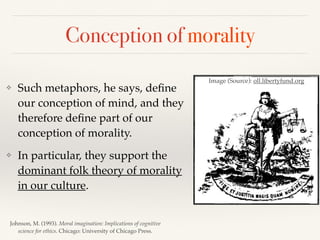 Conception of morality
❖ Such metaphors, he says, deﬁne
our conception of mind, and they
therefore deﬁne part of our
conception of morality.
❖ In particular, they support the
dominant folk theory of morality
in our culture.
Johnson, M. (1993). Moral imagination: Implications of cognitive
science for ethics. Chicago: University of Chicago Press.
Image (Source): oll.libertyfund.org
 