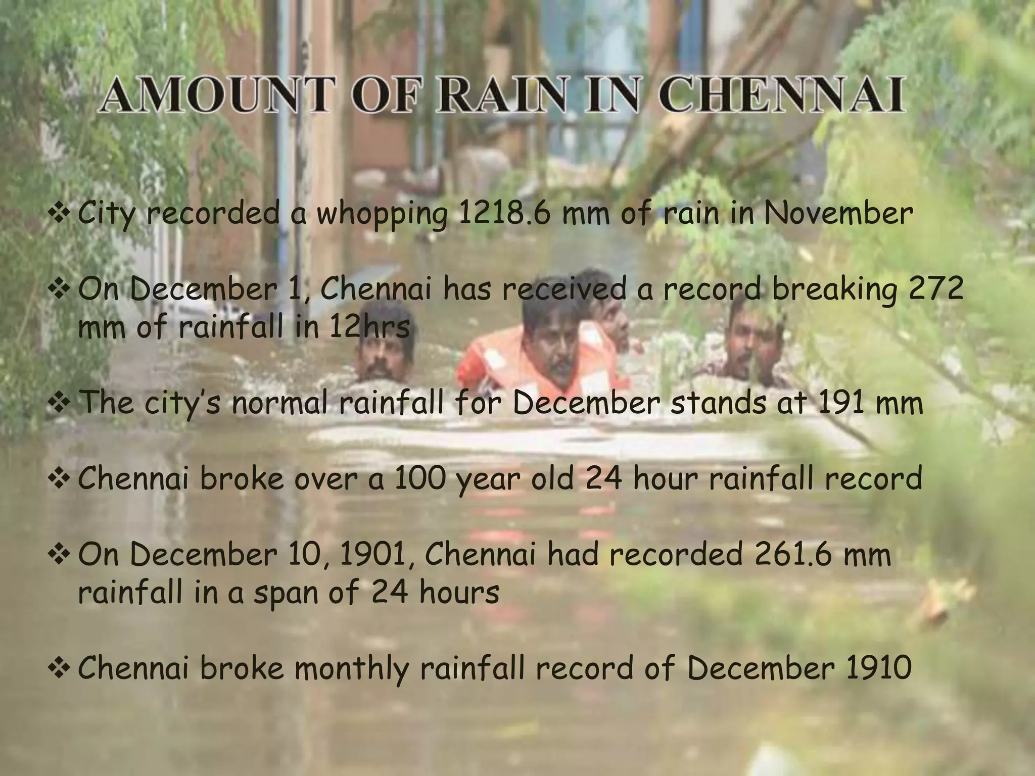 City recorded a whopping 1218.6 mm of rain in November
On December 1, Chennai has received a record breaking 272
mm of rainfall in 12hrs
The city’s normal rainfall for December stands at 191 mm
Chennai broke over a 100 year old 24 hour rainfall record
On December 10, 1901, Chennai had recorded 261.6 mm
rainfall in a span of 24 hours
Chennai broke monthly rainfall record of December 1910
 