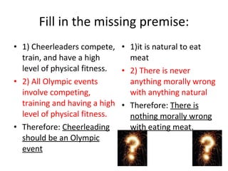 Fill in the missing premise: 1) Cheerleaders compete, train, and have a high level of physical fitness. 2) All Olympic events involve competing, training and having a high level of physical fitness. Therefore:  Cheerleading should be an Olympic event 1)it is natural to eat meat 2) There is never anything morally wrong with anything natural Therefore:  There is nothing morally wrong with eating meat. 
