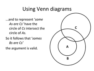 Using Venn diagrams ...and to represent ‘ some As are Cs’  have the circle of  Cs  intersect the circle of  As. So it follows that ‘ somes Bs are Cs’  the argument is valid. B A C 