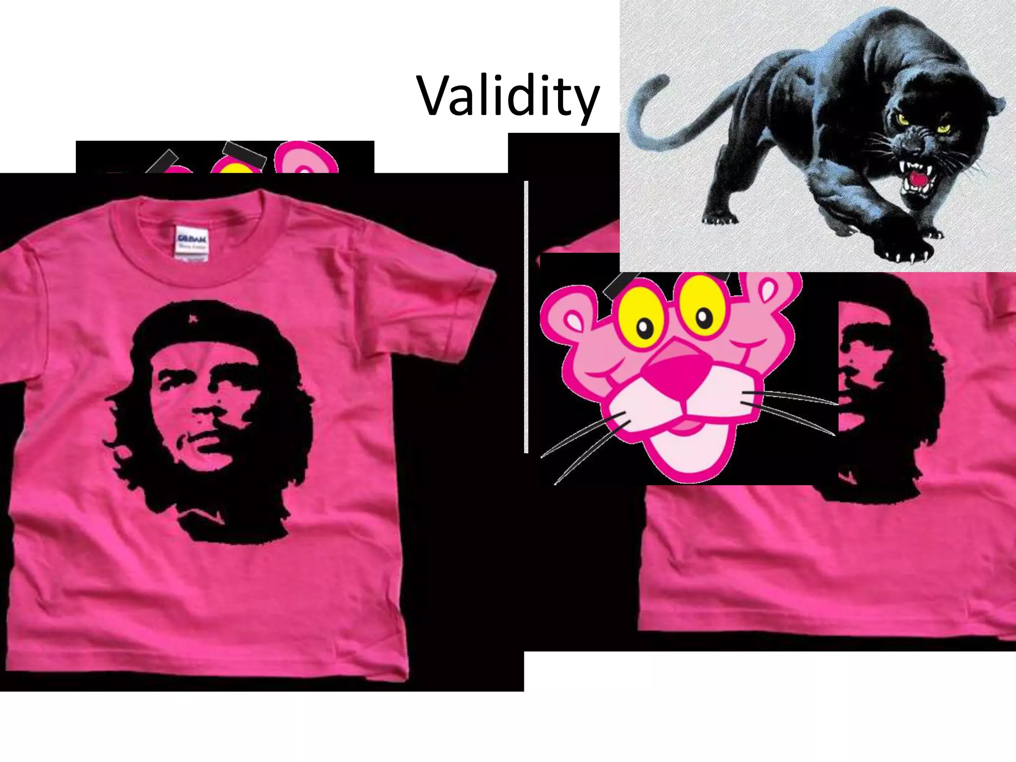 ValidityAll panthers are pinkChe Guevara is a pantherTherefore Che Guevara is pink.Both the premises and the conclusion  of this argument are false.But the argument itself is valid.It is possible to imagine a world in which all panters are pink and where Che Guevara ia a panther. In this world it must be that Che Guevara is pink.