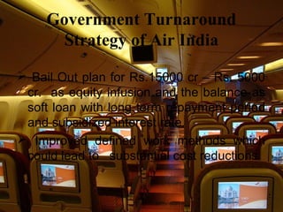 Government Turnaround
      Strategy of Air India

 Bail Out plan for Rs.15000 cr – Rs. 5000
 cr. as equity infusion and the balance as
 soft loan with long term repayment period
 and subsidized interest rate.
 Improved defined work methods which
 could lead to substantial cost reductions
 