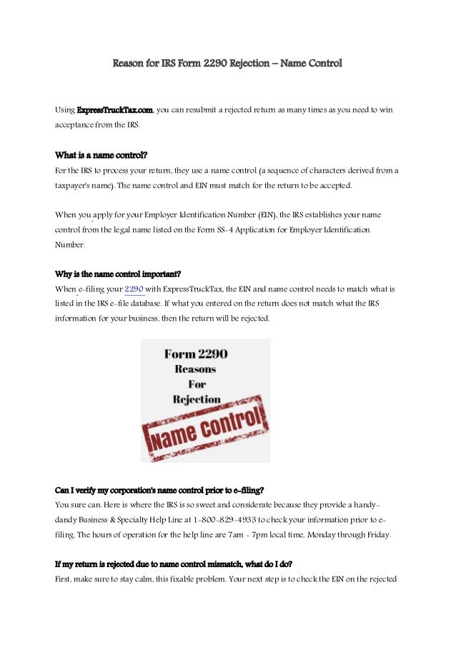 Reason For Irs Form 2290 Rejection Name Control