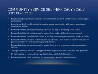 COMMUNITY SERVICE SELF-EFFICACY SCALE
(REEB ET AL., 2010)
 If I choose to participate in community service in the future, I will be able to make a meaningful
contribution.
 In the future, I will be able to find community service opportunities which are relevant to my
interests and abilities.
 I am confident that, through community service, I can help in promoting social justice.
 I am confident that, through community service, I can make a different in my community.
 I am confident that I can help individuals in need by participating in community service activities.
 I am confident that, in future community service activities, I will be able to interact with relevant
professionals in ways that are meaningful and effective.
 I am confident that, through community service, I can help in promoting equal opportunity for
citizens.
 Through community service, I can apply my knowledge in ways that solve “real-life” problems.
 By participating in community service, I can help people to help themselves.
 I am confident that I will participate in community service activities in the future.
 