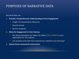 PURPOSES OF NARRATIVE DATA
Narrative data can…
1. Provide a Comprehensive Understanding of Civic Engagement
• Insight into Quantitative Measures
• Overall climate
• Recent situations
2. Allow for Engagement in Civic Literacy
• Key Recommendation for Higher Ed: Make CIVIC LITERACY a core
expectation for all students.
• Can students articulate their experiences related to civic learning?
3. Inform future assessment and practice
 