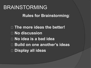 BRAINSTORMING 
Rules for Brainstorming: 
The more ideas the better! 
No discussion 
No idea is a bad idea 
Build on one another’s ideas 
Display all ideas 
 