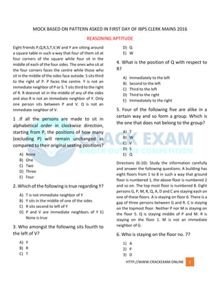 HTTP://WWW.CRACKEXAM.ONLINE 1
MOCK BASED ON PATTERN ASKED IN FIRST DAY OF IBPS CLERK MAINS 2016
REASONING APTITUDE
Eight friends P,Q,R,S,T,V,W and Y are sitting around
a square table in such a way that four of them sit at
four corners of the square while four sit in the
middle of each of the four sides. The ones who sit at
the four corners faces the centre while those who
sit in the middle of the sides face outside. S sits third
to the right of P. P faces the centre. Y is not an
immediate neighbor of P or S. T sits third to the right
of R. R doesnot sit in the middle of any of the sides
and also R is not an immediate neighbor of Y. Only
one person sits between P and V. Q is not an
immediate neighbor of V.
1 .If all the persons are made to sit in
alphabetical order in clockwise direction,
starting from P, the positions of how many
(excluding P) will remain unchanged as
compared to their original seating positions?
A) None
B) One
C) Two
D) Three
E) Four
2. Which of the following is true regarding Y?
A) T is not immediate neighbor of Y
B) Y sits in the middle of one of the sides
C) R sits second to left of Y
D) P and V are immediate neighbors of Y E)
None is true
3. Who amongst the following sits fourth to
the left of V?
A) Y
B) R
C) T
D) Q
E) W
4. What is the position of Q with respect to
R?
A) Immediately to the left
B) Second to the left
C) Third to the left
D) Third to the right
E) Immediately to the right
5. Four of the following five are alike in a
certain way and so form a group. Which is
the one that does not belong to the group?
A) T
B) W
C) V
D) S
E) Q
Directions (6-10): Study the information carefully
and answer the following questions: A building has
eight floors from 1 to 8 in such a way that ground
floor is numbered 1, the above floor is numbered 2
and so on. The top most floor is numbered 8. Eight
persons G, P, M, R, Q, A, D and C are staying each on
one of these floors. A is staying on floor 6. There is a
gap of three persons between G and R. C is staying
on the topmost floor. Neither P nor M is staying on
the floor 5. Q is staying middle of P and M. R is
staying on the floor 1. M is not an immediate
neighbor of G.
6. Who is staying on the floor no. 7?
1) A
2) P
3) D
 