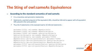The Sting of owl:sameAs Equivalence
o According to the standard semantics of owl:sameAs
ü It is a transitive and symmetric...