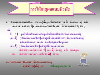 การใหเหตุผลแบบนิรนัย 

การใหเหตุผลแบบนิรนัยเปนการนําความรูพื้นฐานซึ่งอาจเปนความเชื่อ  ขอตกลง  กฎ  หรือ 
       บทนิยาม  ซึ่งเปนสิ่งที่รูมากอนและยอมรับวาเปนจริง  เพื่อหาเหตุผลนําไปสูขอสรุป 
 เชน 
     ถา  1)  รูปสี่เหลี่ยมดานขนานเปนรูปสี่เหลี่ยมที่มีดานตรงขามขนานกันสองคู 
     และ  2)  รูปสี่เหลี่ยมขนมเปยกปูนเปนรูปสี่เหลี่ยมที่มีดานตรงขามขนานกันสองคู 
                มีดานแตละดานยาวเทากัน  และไมมีมุมใดเปนมุมฉาก 
     แลว  3)  รูปสี่เหลี่ยมขนมเปยกปูนเปนรูปสี่เหลี่ยมดานขนาน 
               เรียกขอความหรือประโยค  1)  และ  2)  วา  เหตุ  หรือ  สมมติฐาน 
       และ  เรียกขอความหรือประโยคในขอ  3)  วา  ผล 

และเรียกวิธีการสรุปขอเท็จจริงซึ่งเปนผลมาจากเหตุ 
                  ซึ่งเปนความรูพื้นฐานวา    การใหเหตุผลแบบนิรนัย
 