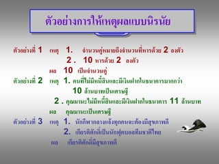 ตัวอยางการใหเหตุผลแบบนิรนัย 
ตัวอยางที่  1  เหตุ  1.  จํานวนคูหมายถึงจํานวนที่หารดวย 2  ลงตัว 
                       2 .   10  หารดวย  2  ลงตัว 
                ผล  10  เปนจํานวนคู 
ตัวอยางที่  2  เหตุ  1.  คนที่ไมมีหนี้สินและมีเงินฝากในธนาคารมากกวา 
                          10  ลานบาทเปนเศรษฐี 
                  2 . คุณมานะไมมีหนี้สนและมีเงินฝากในธนาคาร  11  ลานบาท 
                                           ิ
                ผล  คุณมานะเปนเศรษฐี 
ตัวอยางที่  3  เหตุ  1.  นักกีฬากลางแจงทุกคนจะตองมีสุขภาพดี 
                      2.  เกียรติศักดิ์เปนนักฟุตบอลทีมชาติไทย 
                 ผล  เกียรติศกดิ์มีสุขภาพดี
                                ั
 