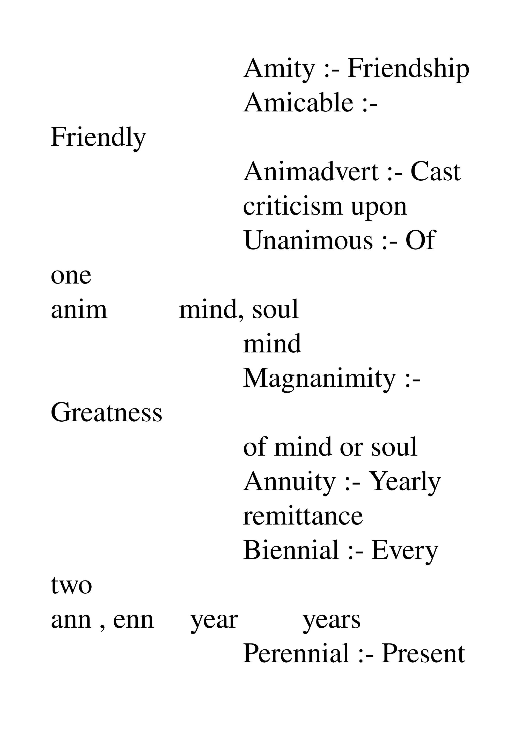                            Amity :­ Friendship 
                           Amicable :­ 
Friendly 
                           Animadvert :­ Cast 
                           criticism upon 
                           Unanimous :­ Of 
one 
anim          mind, soul 
                           mind 
                           Magnanimity :­ 
Greatness 
                           of mind or soul 
                           Annuity :­ Yearly 
                           remittance 
                           Biennial :­ Every 
two 
ann , enn     year         years 
                           Perennial :­ Present 
 