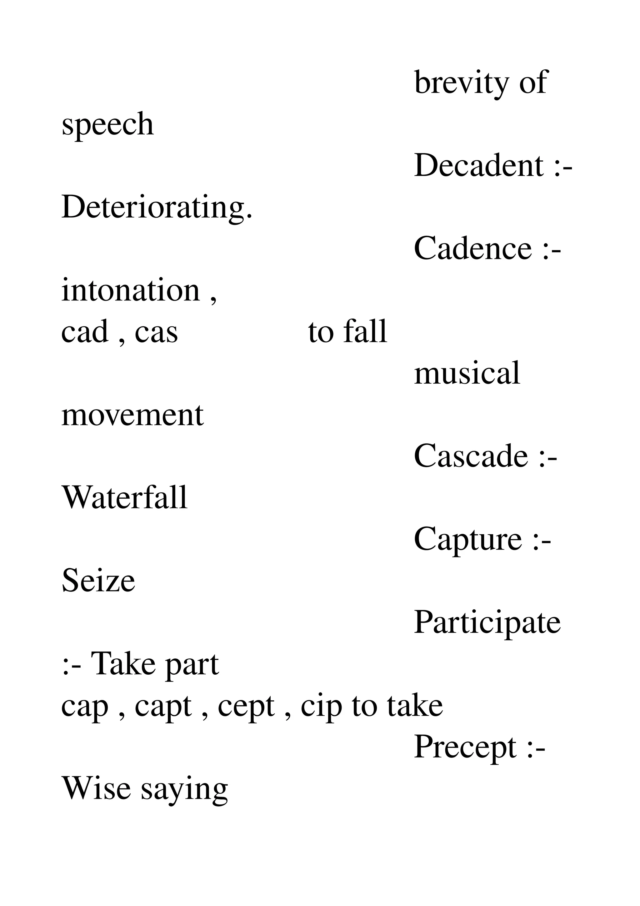                                          brevity of 
speech 
                                         Decadent :­ 
Deteriorating. 
                                         Cadence :­ 
intonation , 
cad , cas               to fall 
                                         musical 
movement 
                                         Cascade :­ 
Waterfall 
                                         Capture :­ 
Seize 
                                         Participate 
:­ Take part 
cap , capt , cept , cip to take 
                                         Precept :­ 
Wise saying 
 