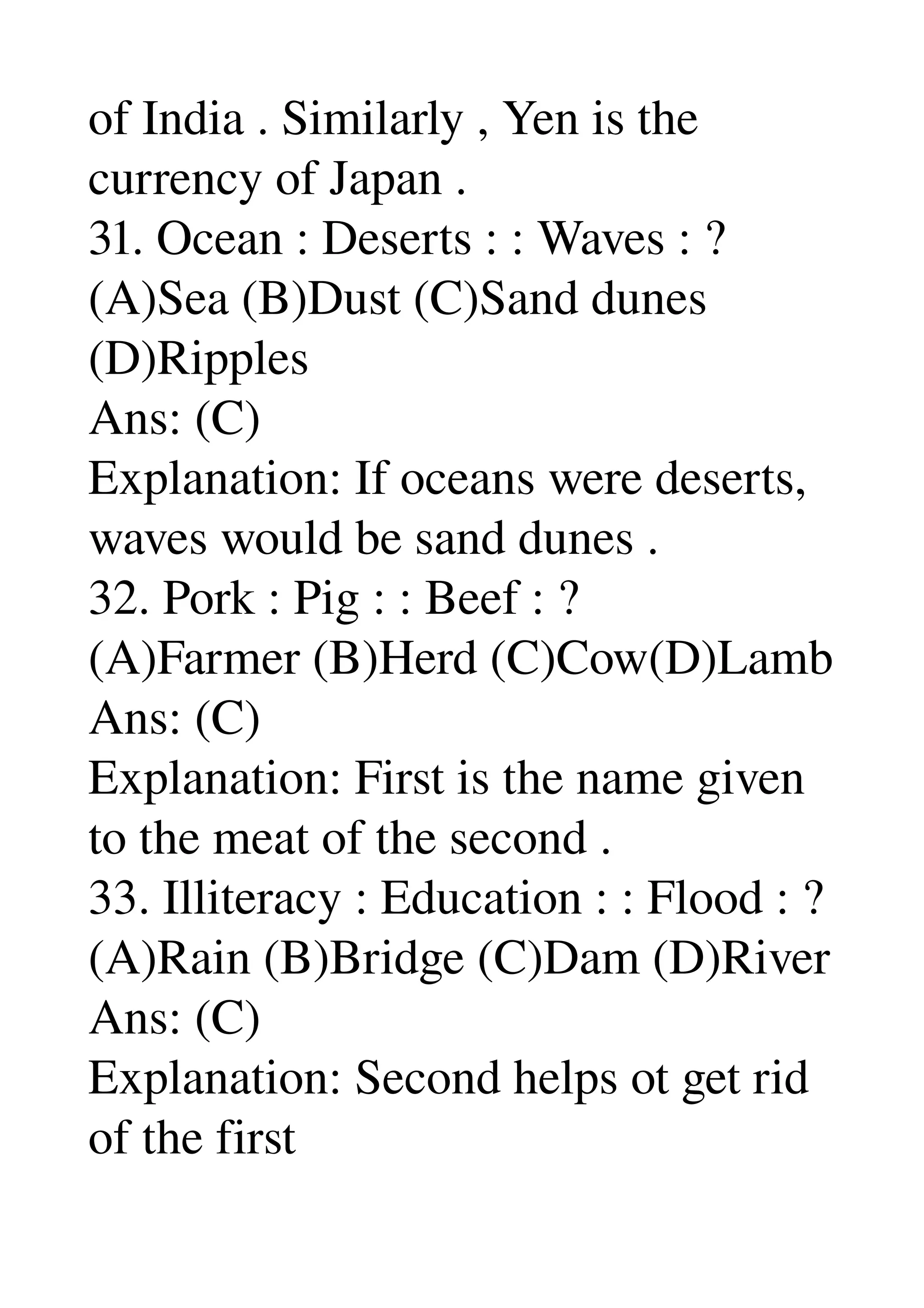 of India . Similarly , Yen is the 
currency of Japan . 
31. Ocean : Deserts : : Waves : ? 
(A)Sea (B)Dust (C)Sand dunes 
(D)Ripples 
Ans: (C) 
Explanation: If oceans were deserts, 
waves would be sand dunes . 
32. Pork : Pig : : Beef : ? 
(A)Farmer (B)Herd (C)Cow(D)Lamb 
Ans: (C) 
Explanation: First is the name given 
to the meat of the second . 
33. Illiteracy : Education : : Flood : ? 
(A)Rain (B)Bridge (C)Dam (D)River 
Ans: (C) 
Explanation: Second helps ot get rid 
of the first 
 