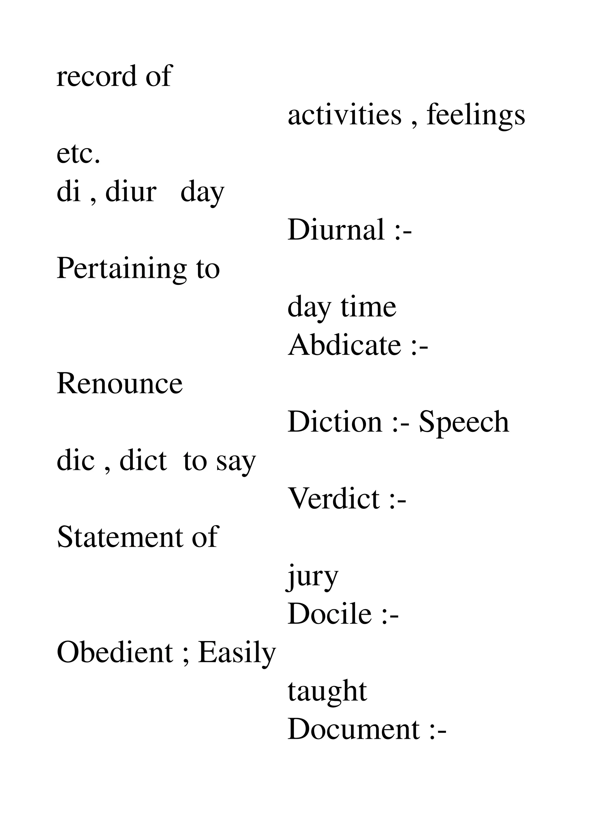 record of 
                             activities , feelings 
etc. 
di , diur   day 
                             Diurnal :­ 
Pertaining to 
                             day time 
                             Abdicate :­ 
Renounce 
                             Diction :­ Speech 
dic , dict  to say 
                             Verdict :­ 
Statement of 
                             jury 
                             Docile :­ 
Obedient ; Easily 
                             taught 
                             Document :­ 
 