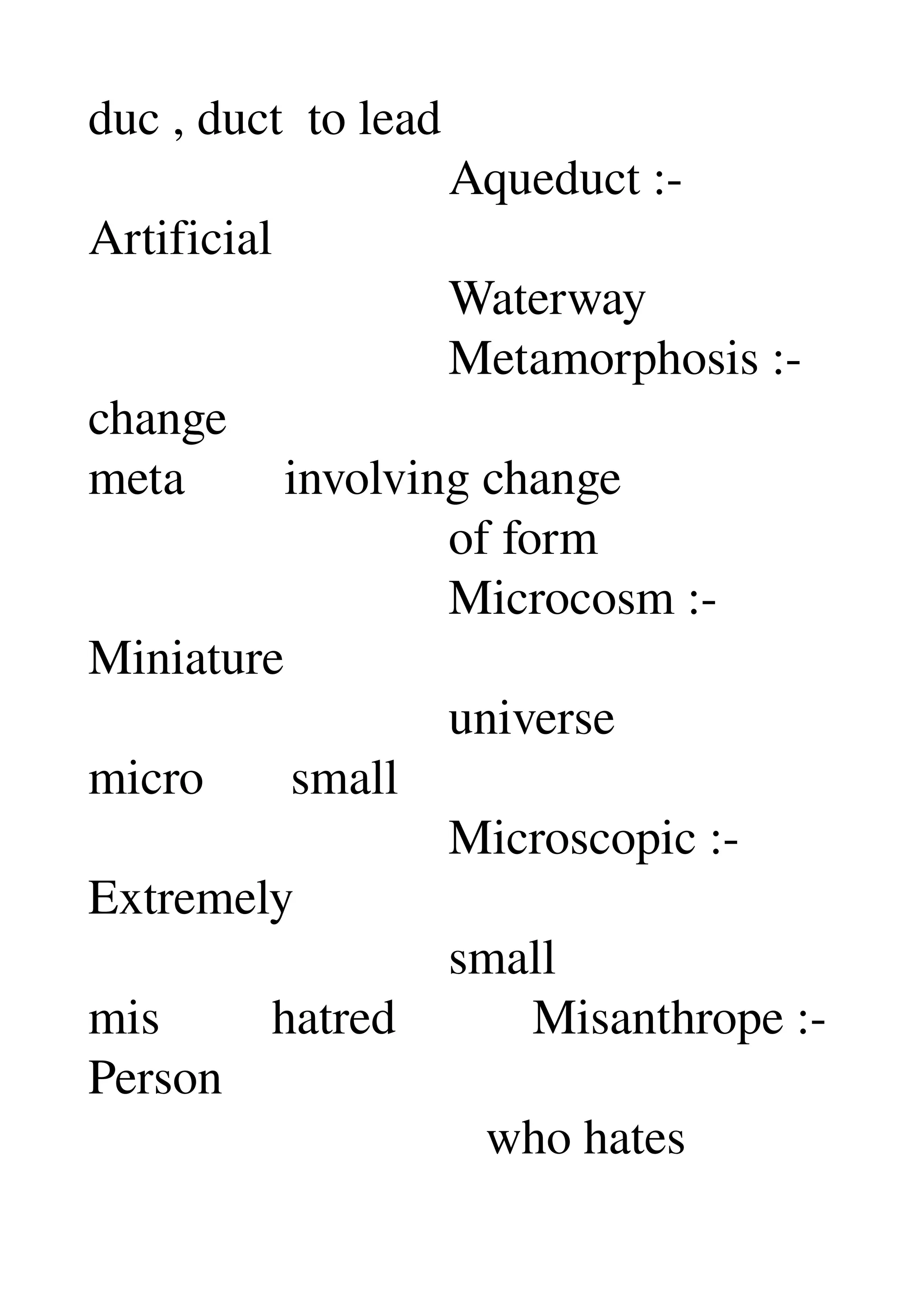 duc , duct  to lead 
                             Aqueduct :­ 
Artificial 
                             Waterway 
                             Metamorphosis :­ 
change 
meta        involving change 
                             of form 
                             Microcosm :­ 
Miniature 
                             universe 
micro       small 
                             Microscopic :­ 
Extremely 
                             small 
mis         hatred           Misanthrope :­ 
Person 
                                who hates 
 