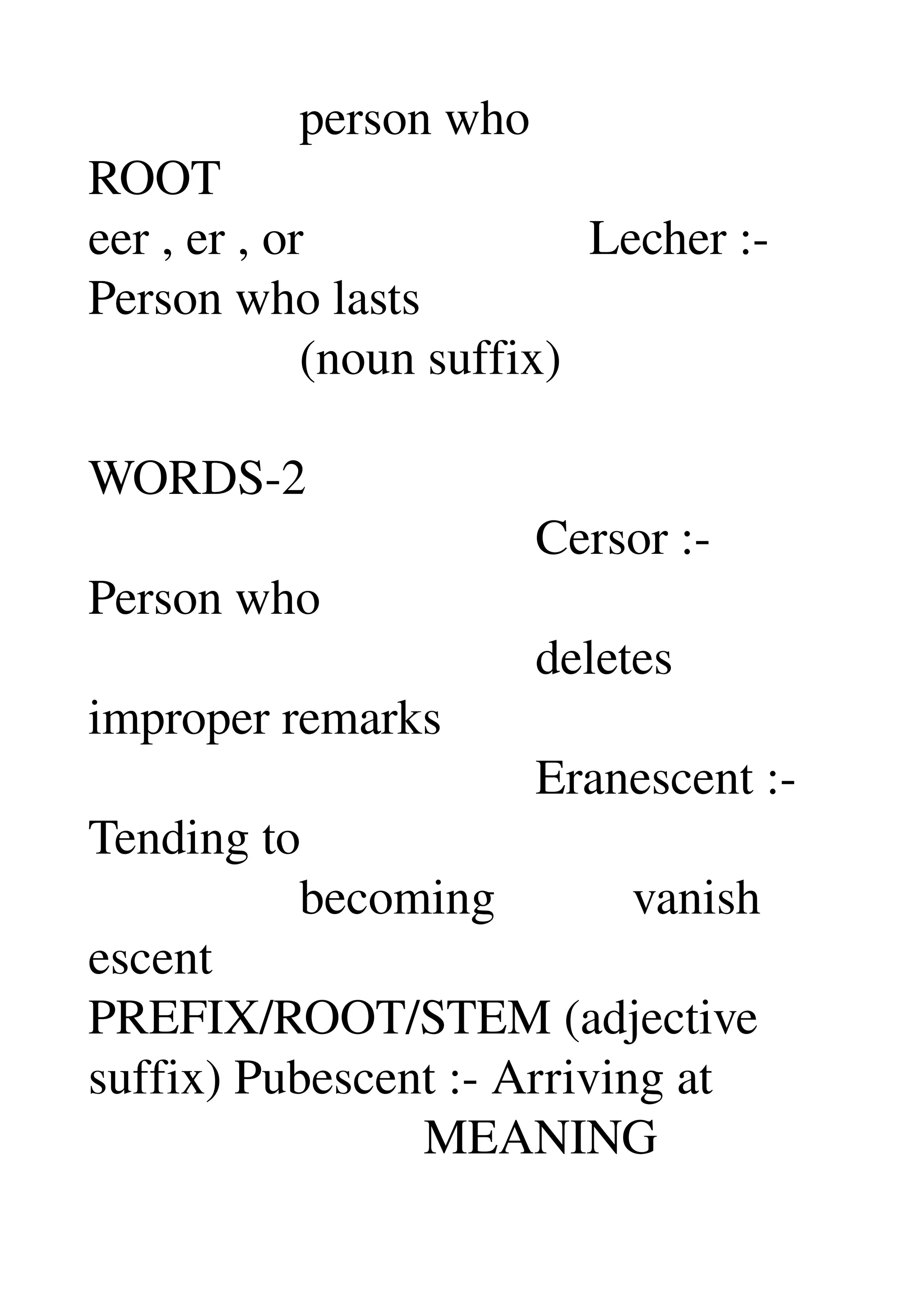                  person who 
ROOT 
eer , er , or                       Lecher :­ 
Person who lasts 
                 (noun suffix) 
  
WORDS­2 
                                    Cersor :­ 
Person who 
                                    deletes 
improper remarks 
                                    Eranescent :­ 
Tending to 
                 becoming           vanish 
escent 
PREFIX/ROOT/STEM (adjective 
suffix) Pubescent :­ Arriving at 
                           MEANING 
 