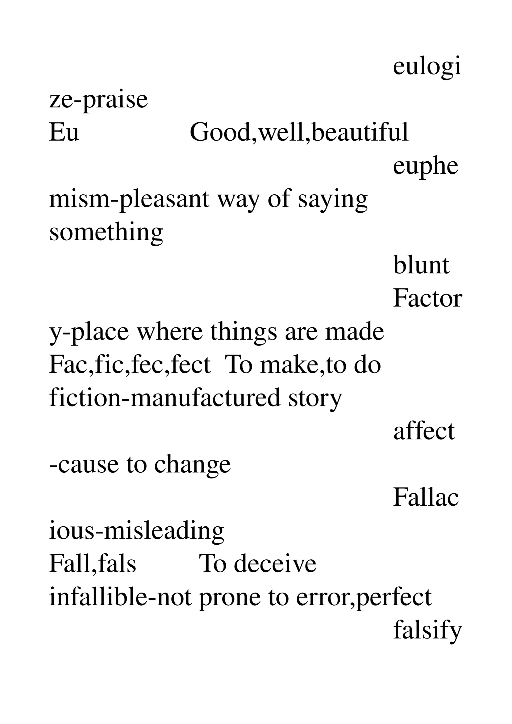                                                   eulogi
ze­praise 
Eu                Good,well,beautiful 
                                                  euphe
mism­pleasant way of saying 
something 
                                                  blunt 
                                                  Factor
y­place where things are made 
Fac,fic,fec,fect  To make,to do 
fiction­manufactured story 
                                                  affect
­cause to change 
                                                  Fallac
ious­misleading 
Fall,fals         To deceive 
infallible­not prone to error,perfect 
                                                  falsify
 