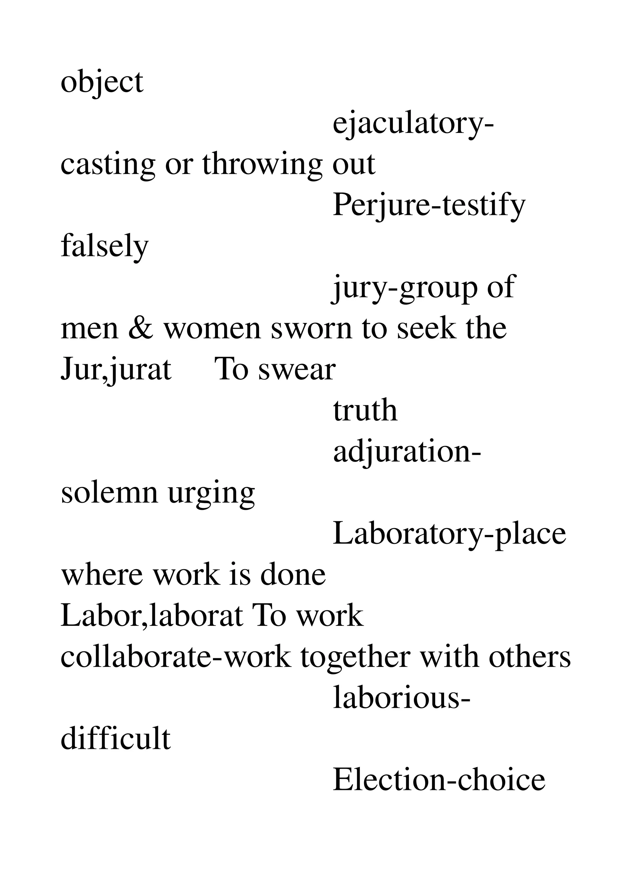 object 
                                ejaculatory­
casting or throwing out 
                                Perjure­testify 
falsely 
                                jury­group of 
men & women sworn to seek the 
Jur,jurat     To swear 
                                truth 
                                adjuration­
solemn urging 
                                Laboratory­place 
where work is done 
Labor,laborat To work 
collaborate­work together with others 
                                laborious­
difficult 
                                Election­choice 
 