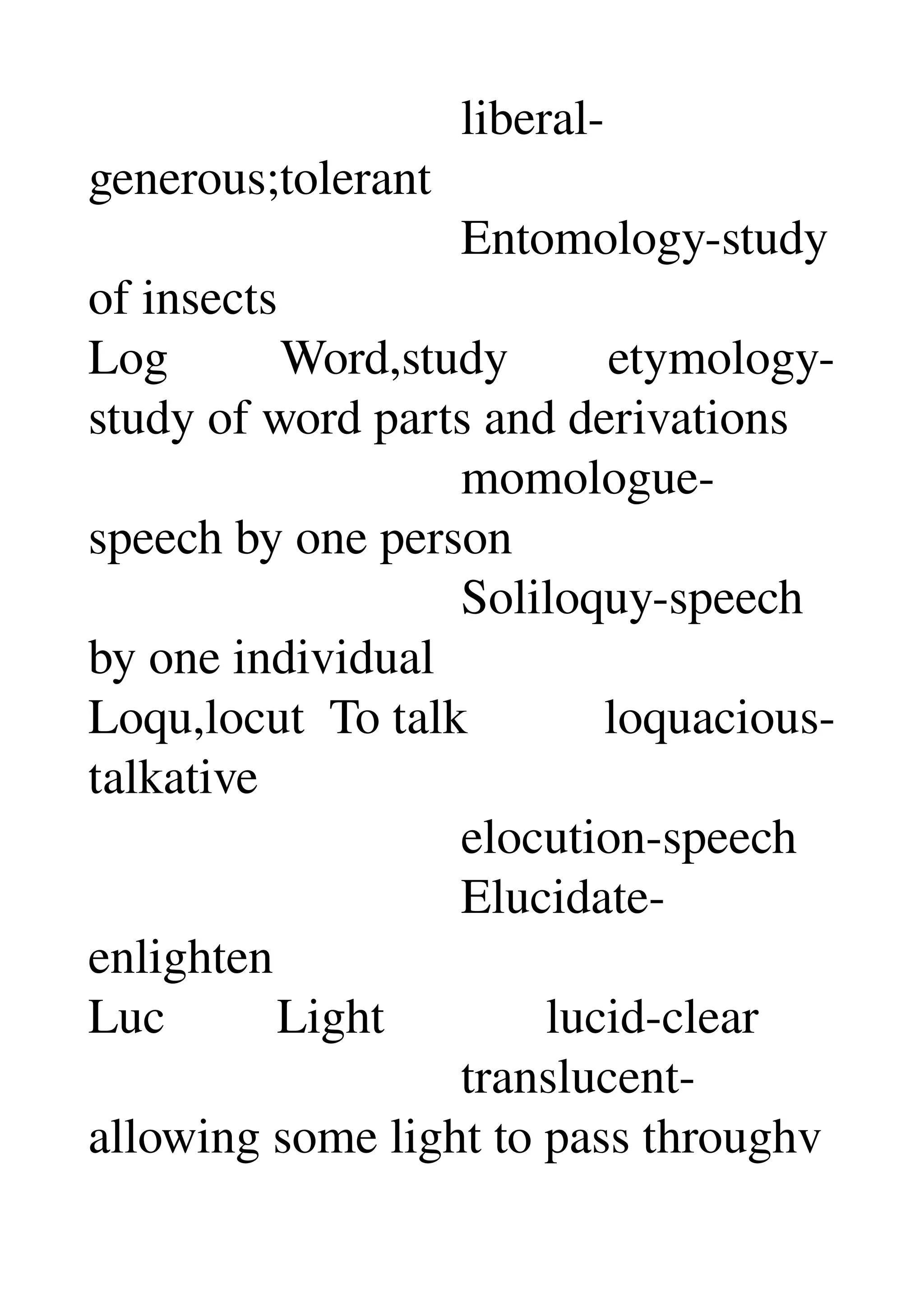                               liberal­
generous;tolerant 
                              Entomology­study 
of insects 
Log         Word,study        etymology­
study of word parts and derivations 
                              momologue­
speech by one person 
                              Soliloquy­speech 
by one individual 
Loqu,locut  To talk           loquacious­
talkative 
                              elocution­speech 
                              Elucidate­
enlighten 
Luc         Light             lucid­clear 
                              translucent­
allowing some light to pass throughv 
 
