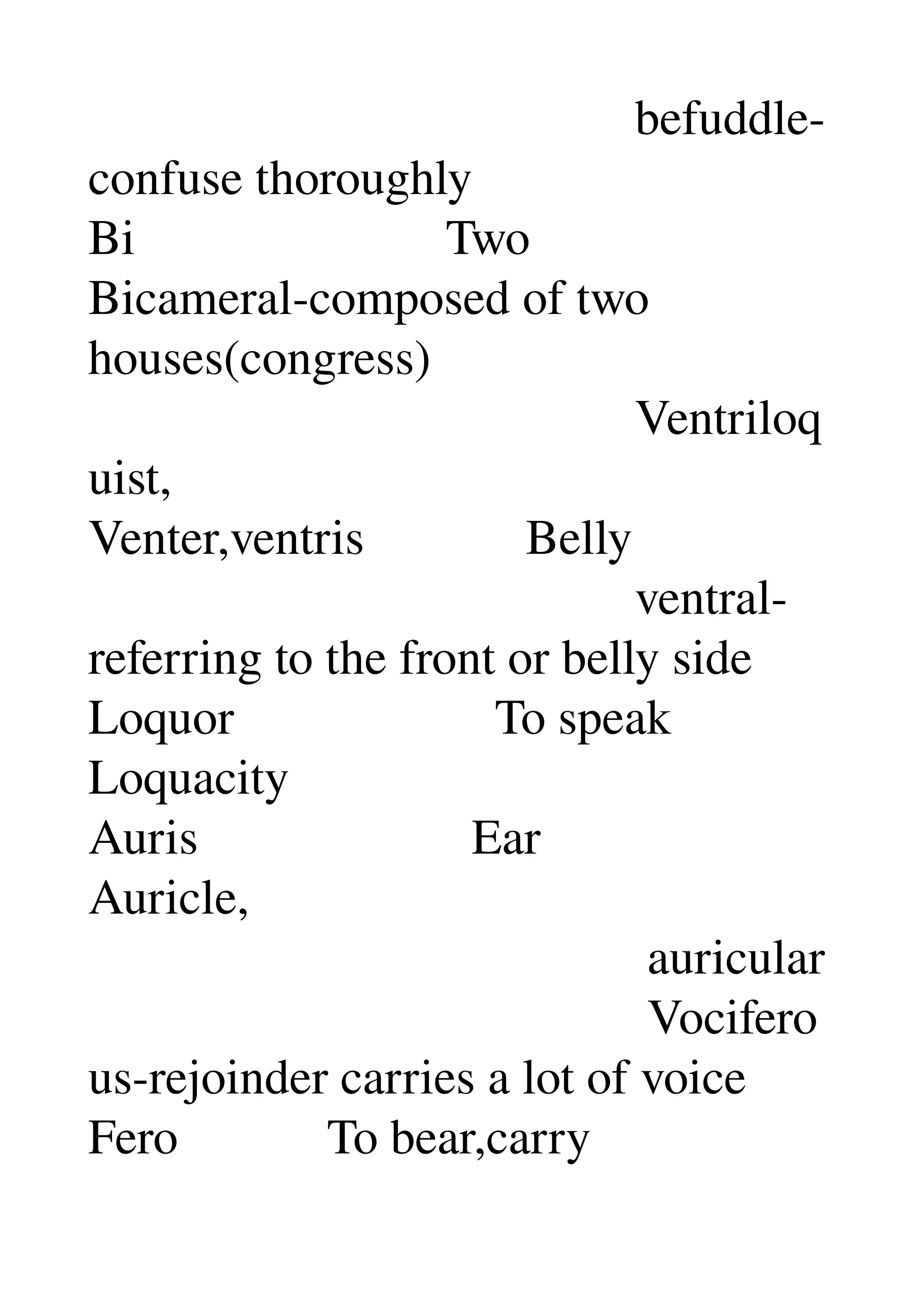                                             befuddle­
confuse thoroughly 
Bi                         Two 
Bicameral­composed of two 
houses(congress) 
                                            Ventriloq
uist, 
Venter,ventris             Belly 
                                            ventral­
referring to the front or belly side 
Loquor                     To speak 
Loquacity 
Auris                      Ear 
Auricle, 
                                             auricular 
                                             Vocifero
us­rejoinder carries a lot of voice 
Fero            To bear,carry 
 