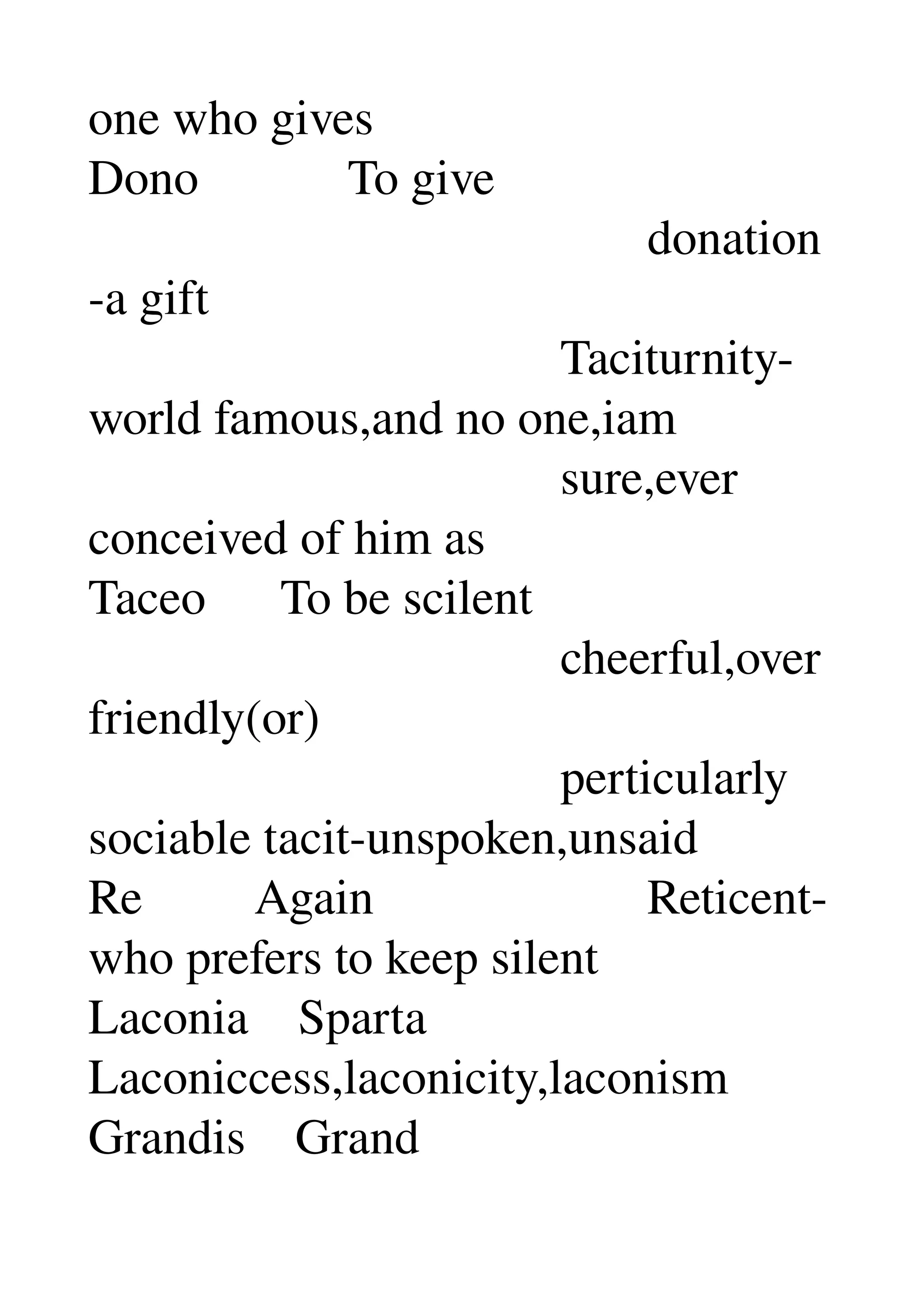 one who gives 
Dono            To give 
                                             donation
­a gift 
                                      Taciturnity­
world famous,and no one,iam 
                                      sure,ever 
conceived of him as 
Taceo      To be scilent 
                                      cheerful,over
friendly(or) 
                                      perticularly 
sociable tacit­unspoken,unsaid 
Re         Again                      Reticent­
who prefers to keep silent 
Laconia    Sparta 
Laconiccess,laconicity,laconism 
Grandis    Grand 
 