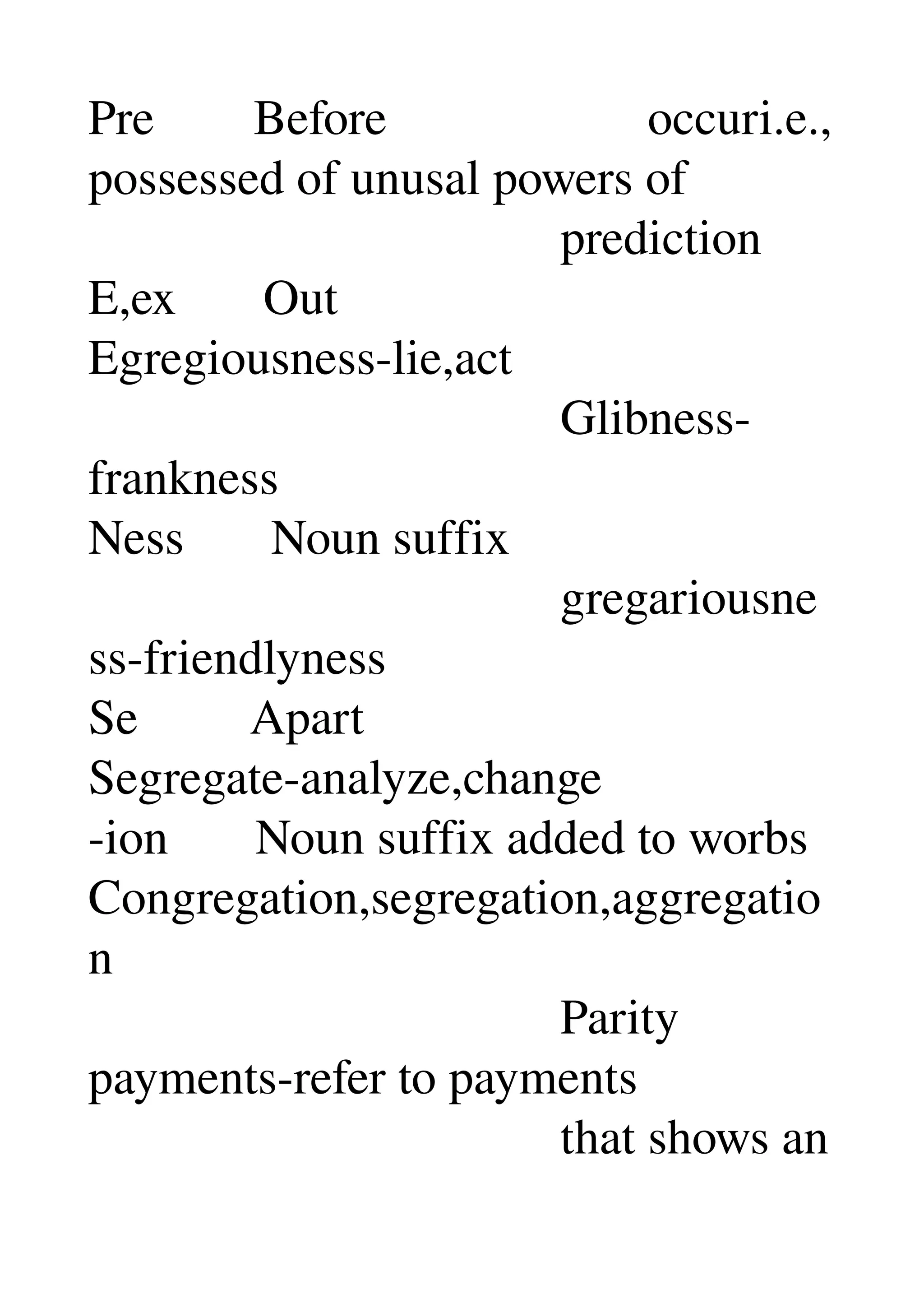 Pre        Before                     occuri.e., 
possessed of unusal powers of 
                                      prediction 
E,ex       Out 
Egregiousness­lie,act 
                                      Glibness­
frankness 
Ness       Noun suffix 
                                      gregariousne
ss­friendlyness 
Se         Apart 
Segregate­analyze,change 
­ion       Noun suffix added to worbs 
Congregation,segregation,aggregatio
n 
                                      Parity 
payments­refer to payments 
                                      that shows an 
 