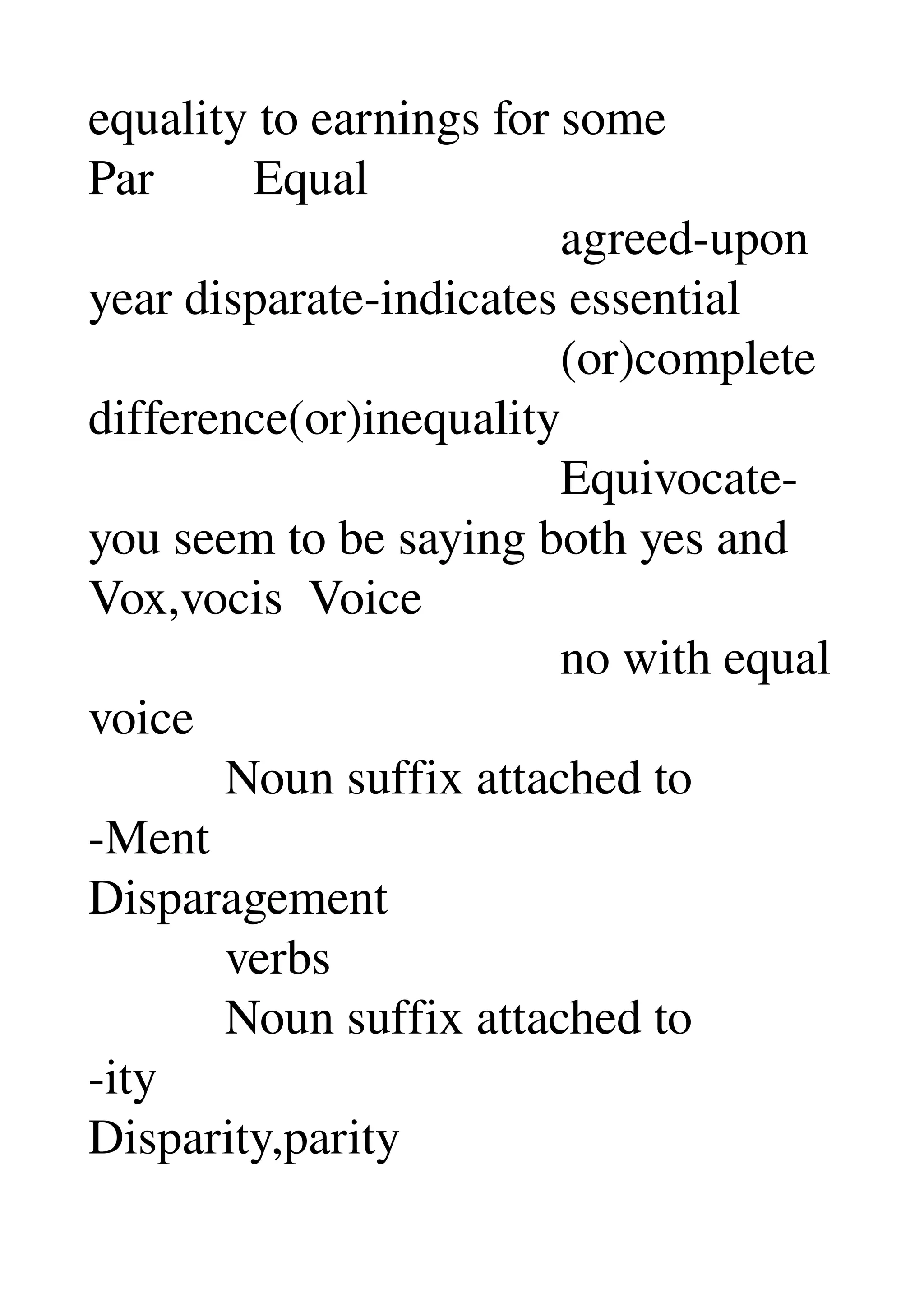 equality to earnings for some 
Par        Equal 
                                      agreed­upon 
year disparate­indicates essential 
                                      (or)complete 
difference(or)inequality 
                                      Equivocate­
you seem to be saying both yes and 
Vox,vocis  Voice 
                                      no with equal 
voice 
           Noun suffix attached to 
­Ment 
Disparagement 
           verbs 
           Noun suffix attached to 
­ity 
Disparity,parity 
 